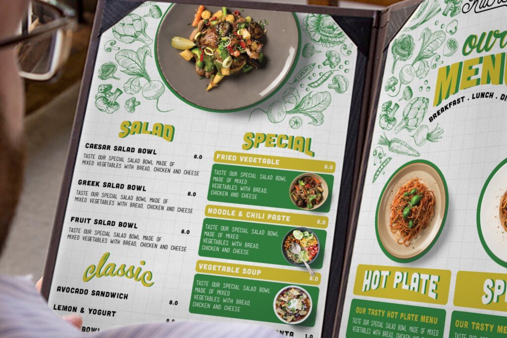绿色有机蔬菜餐饮菜单印刷品模版素材下载Vegetarian Food Menu插图3