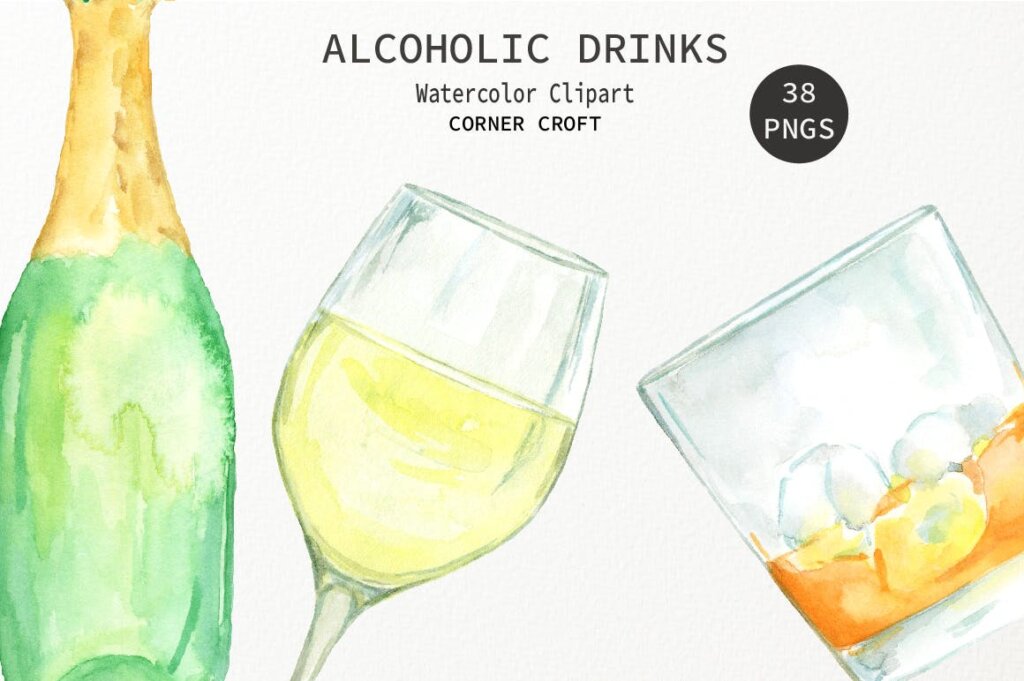 酒类装饰元素图案纹理模版素材下载Watercolor Alcoholic Drinks Illustration插图3