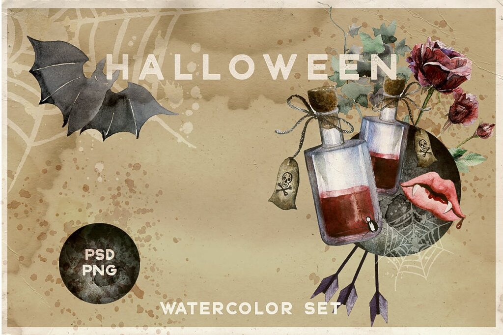 水彩万圣节复古套装装饰图案纹理素材Watercolor Halloween Vintage Set插图3