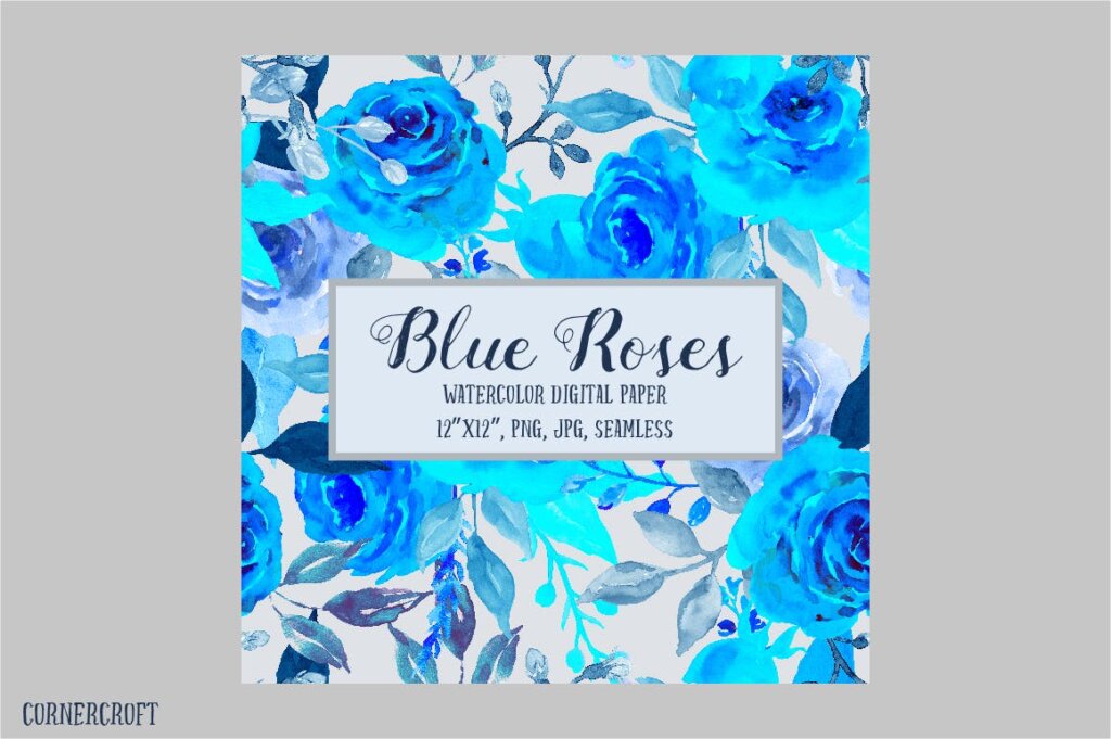 手绘水彩花卉背景的蓝色玫瑰和鲜花装饰图案纹理下载Watercolor Pattern Blue Rose插图3