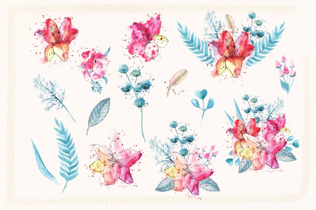 32个水彩装饰图案花纹/百合花枝叶手绘装饰图案元素下载Watercolor Sketch Lily插图3