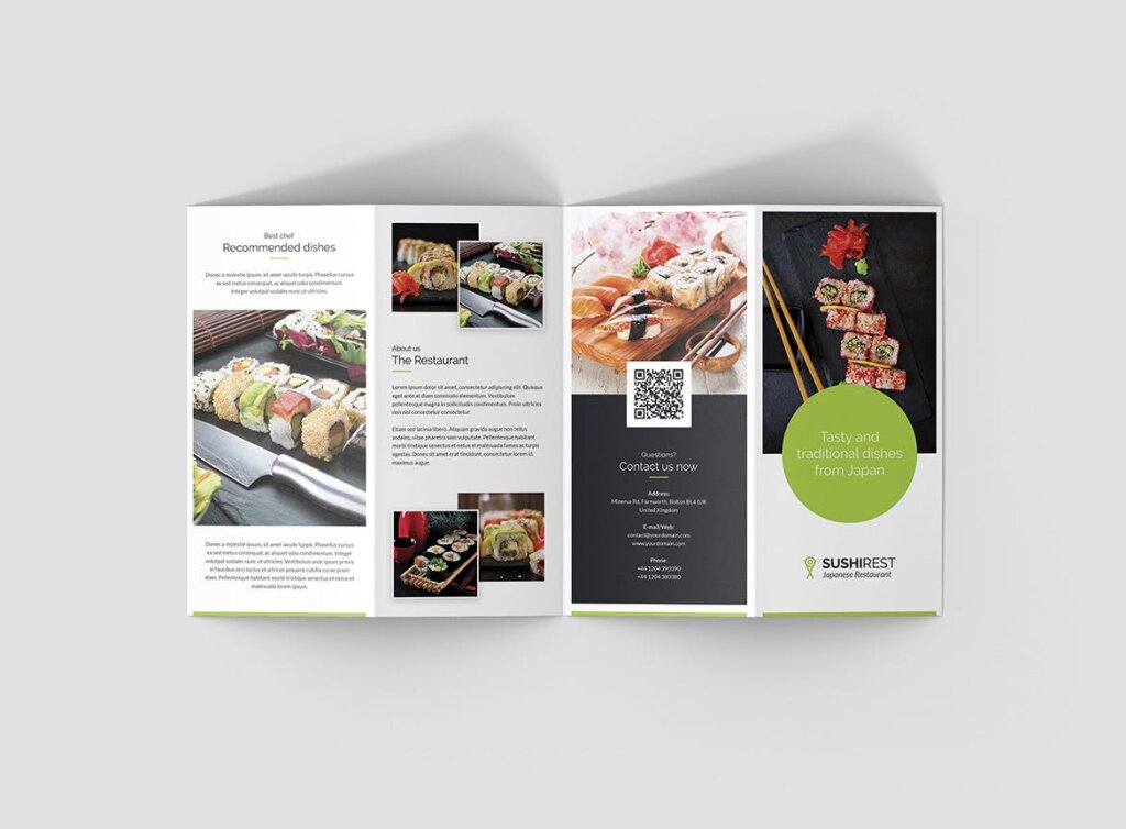 大众品牌海鲜自助专业因数品模板素材下载Brochure Sushi Restaurant 4 Fold插图4