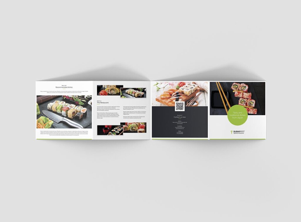寿司日本食品寿司餐饮三折页印刷品模板素材下载Brochure Sushi Restaurant 4 Fold Square插图4