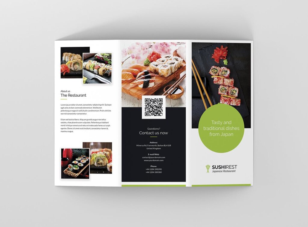 日本寿司店海鲜印刷品三折页模版素材下载Brochure Sushi Restaurant Tri Fold插图4