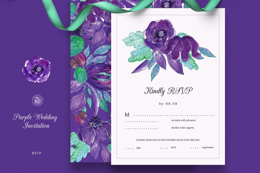 紫色婚礼请柬模板传单海报素材模板下载Purple Wedding Invitation Set插图4