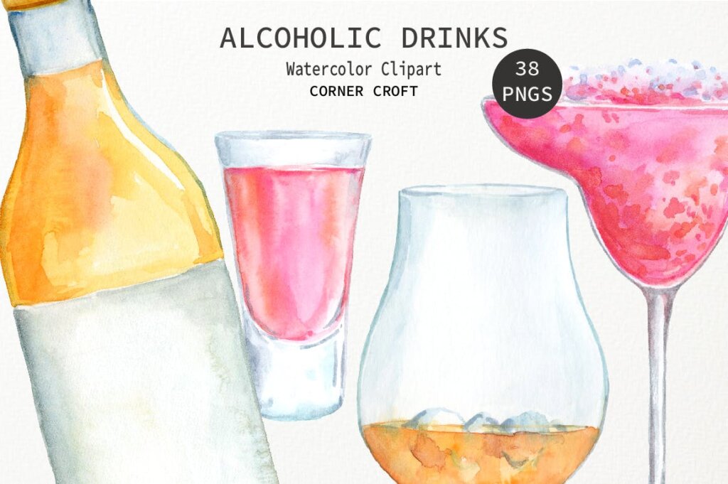 酒类装饰元素图案纹理模版素材下载Watercolor Alcoholic Drinks Illustration插图4