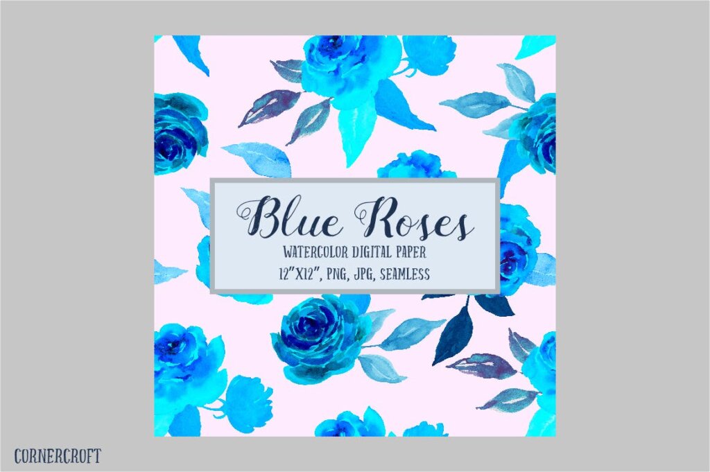 手绘水彩花卉背景的蓝色玫瑰和鲜花装饰图案纹理下载Watercolor Pattern Blue Rose插图4