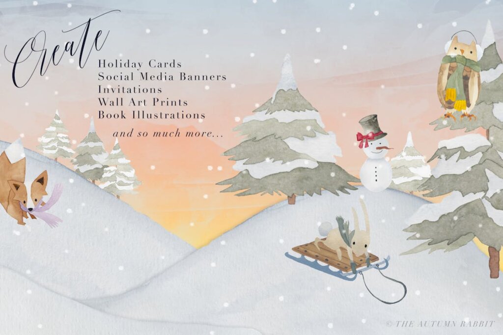 节日卡片邀请函装饰图案剪贴画素材Watercolor Winter Scene Creator插图4
