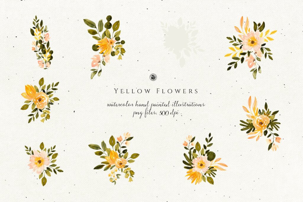 黄色水彩花卉/手绘花卉水彩装饰图案纹理素材Yellow Watercolor Flowers插图4