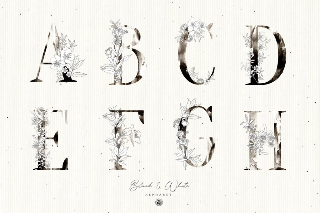 黑色和白色创意装饰字母花卉插图和字母素材Black And White Floral Alphabet插图5