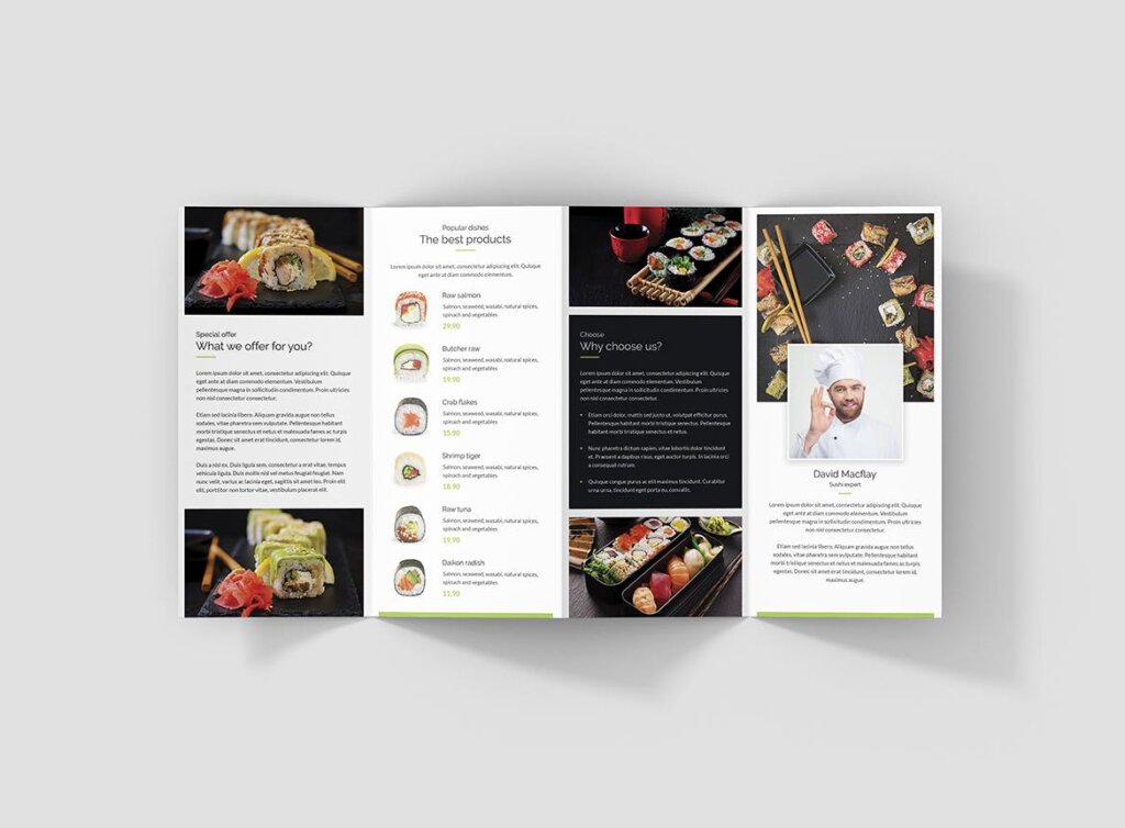 大众品牌海鲜自助专业因数品模板素材下载Brochure Sushi Restaurant 4 Fold插图5