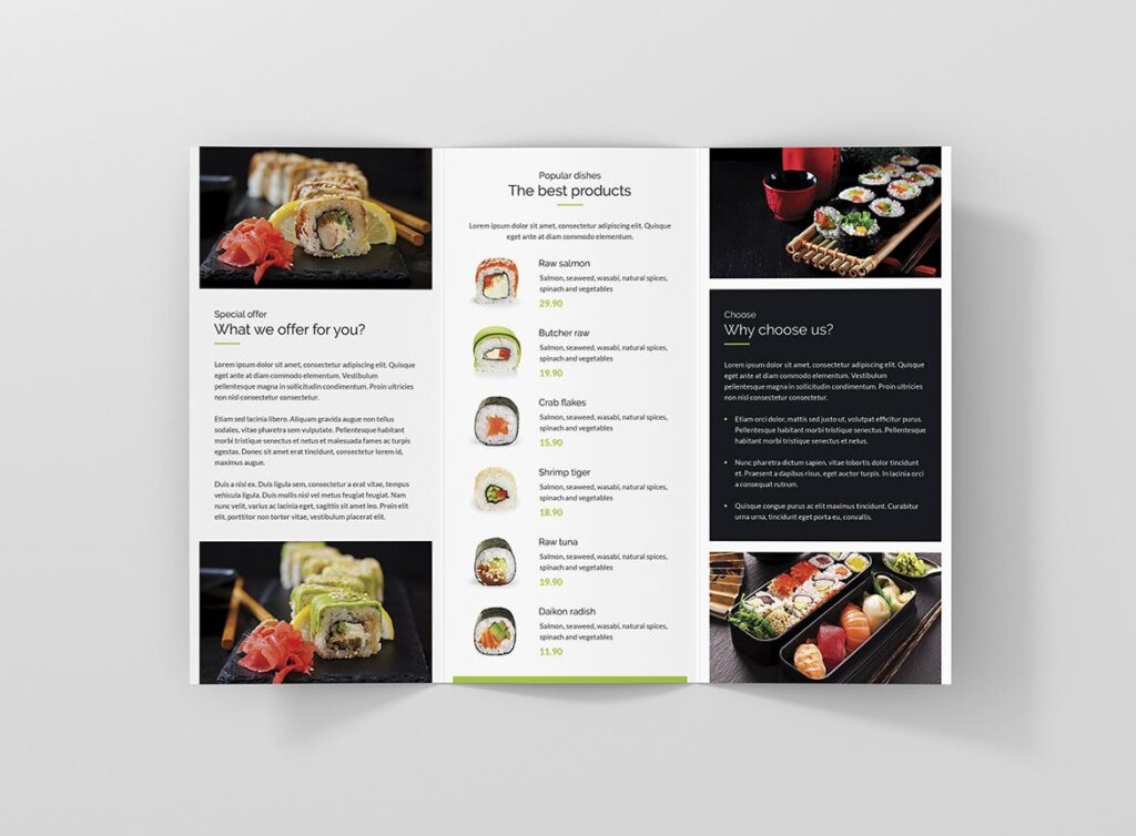 日本寿司店海鲜印刷品三折页模版素材下载Brochure Sushi Restaurant Tri Fold插图5