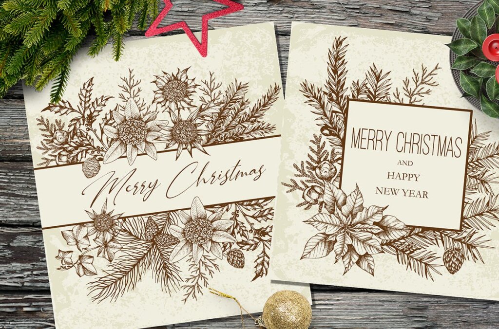 冬季植物在复古风格手绘圣诞和新年设计装饰图案素材Merry Christmas Vintage Design Kit插图5