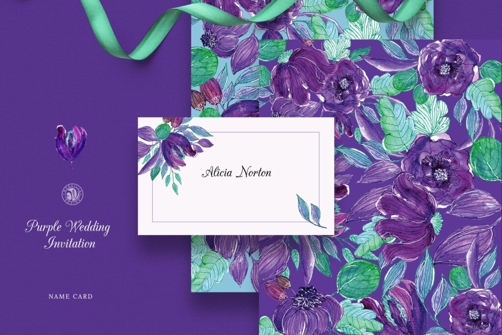 紫色婚礼请柬模板传单海报素材模板下载Purple Wedding Invitation Set插图5