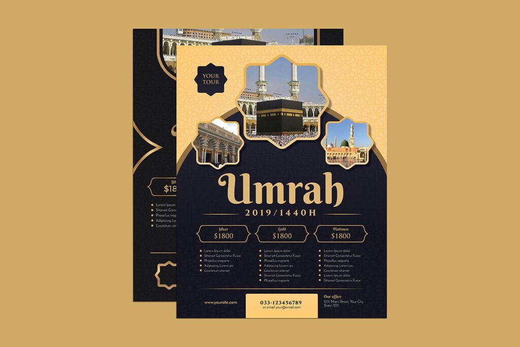 朝圣之旅西藏之旅金色风格海报传单模版素材下载Umrah Hajj Travel Flyer插图5