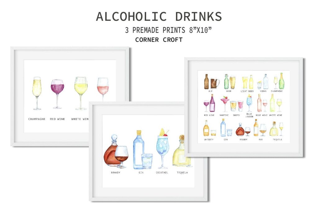 酒类装饰元素图案纹理模版素材下载Watercolor Alcoholic Drinks Illustration插图5