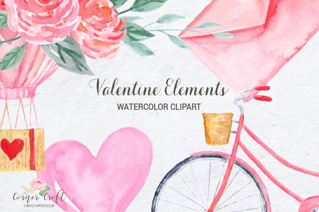 情人节水彩画装饰图案纹理素材模版下载Watercolor Valentine Elements插图5