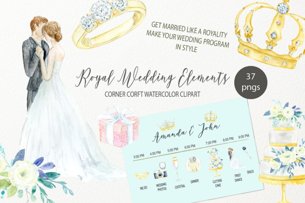水彩剪纸皇室婚礼元素装饰图案素材模版下载Watercolor royal wedding elements插图5