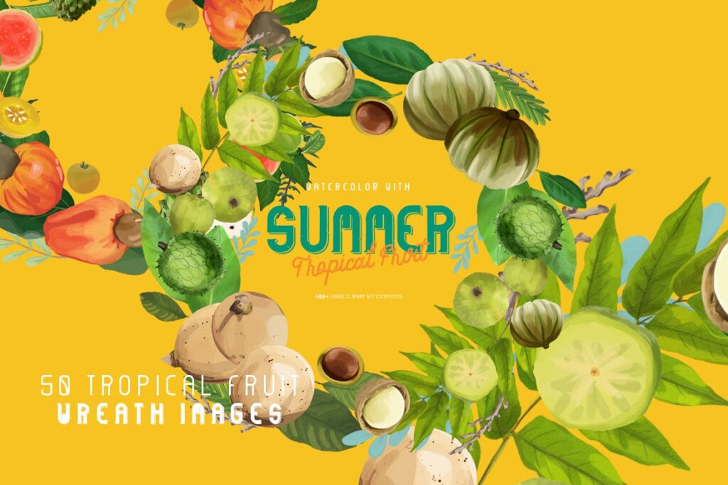 热带水果水彩画/绿色食品包装装饰品牌装饰图案纹理素材Watercolor with summer Tropical Fruit插图(5)