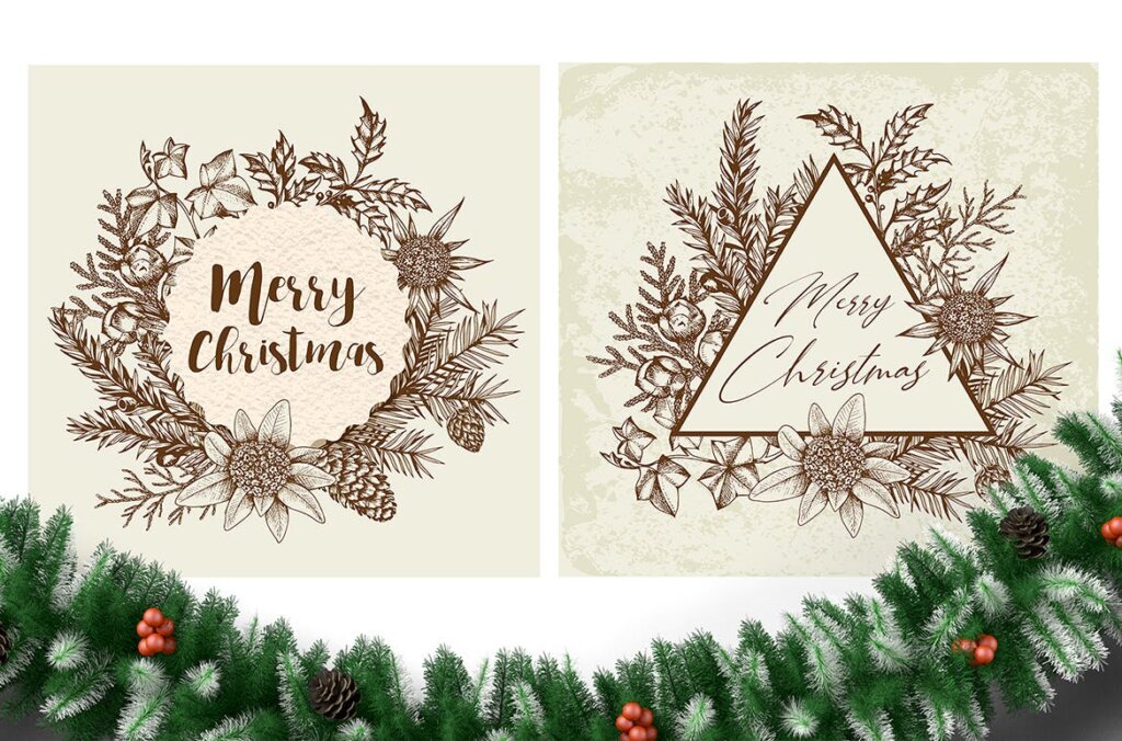 冬季植物在复古风格手绘圣诞和新年设计装饰图案素材Merry Christmas Vintage Design Kit插图6