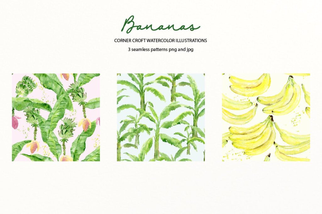 香蕉水彩插图香蕉叶装饰图案纹理素材模版下载Watercolor Banana Illustration插图6