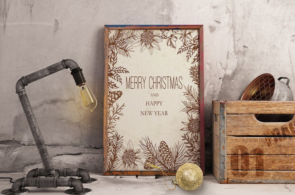 冬季植物在复古风格手绘圣诞和新年设计装饰图案素材Merry Christmas Vintage Design Kit插图7