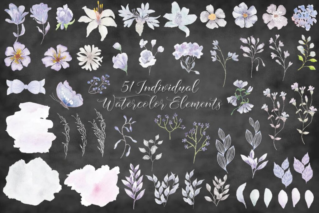 紫色花卉水彩/礼品包装盒装饰图案素材Smoky Grey Florals Watercolor Design Set插图8