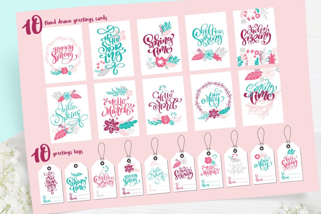 抱枕/咖啡饮品装饰图案纹理素材Spring vector lettering floral greeting card插图8