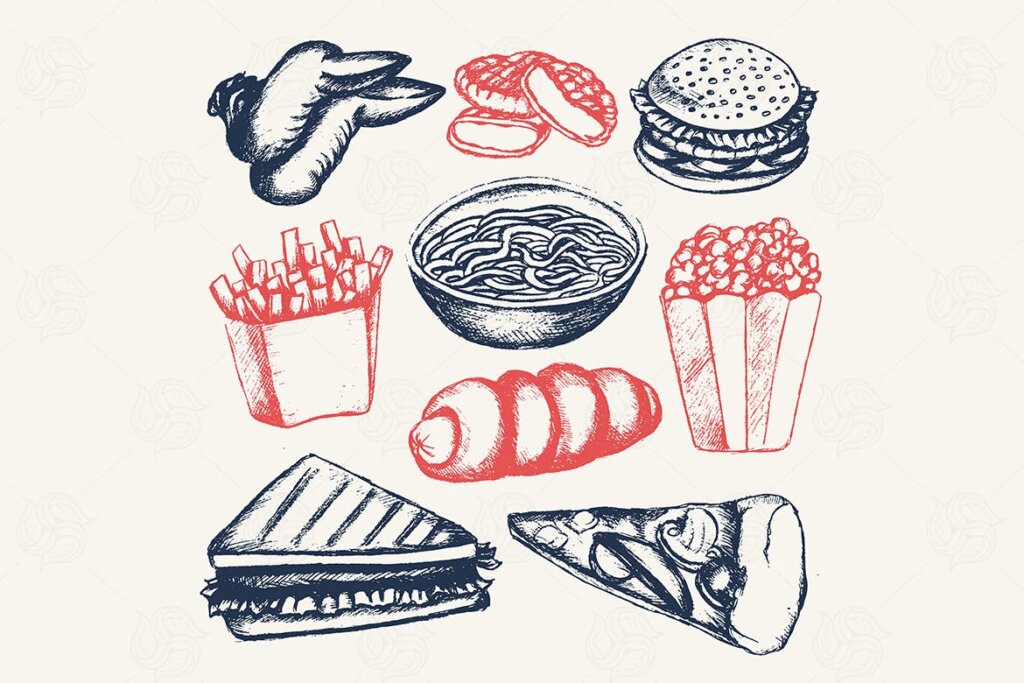 复古手绘快餐插图装饰图案纹理素材下载Fast food hand drawn vintage illustration插图1