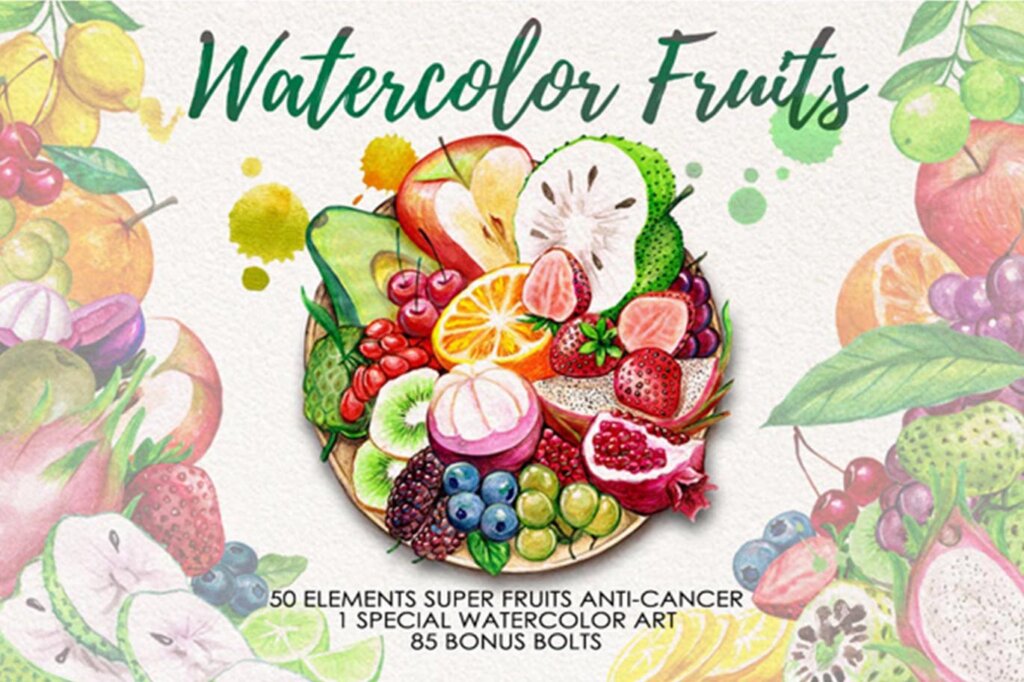 精致手绘水果系列图案装饰图案素材Watercolor Fruits Vol. 4
