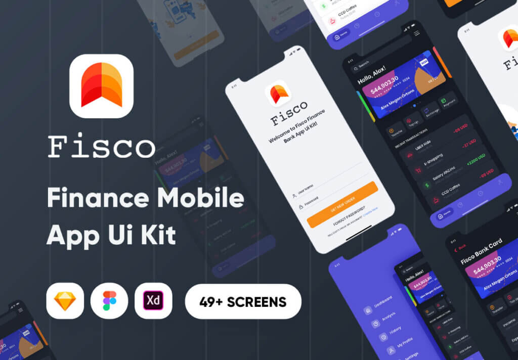 现代金融类素材模板素材UI设计套件工具包Fisco – Finance Bank Mobile Ui Kit