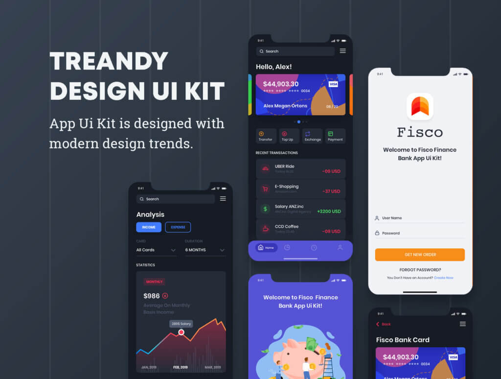 现代金融类素材模板素材UI设计套件工具包Fisco – Finance Bank Mobile Ui Kit插图3