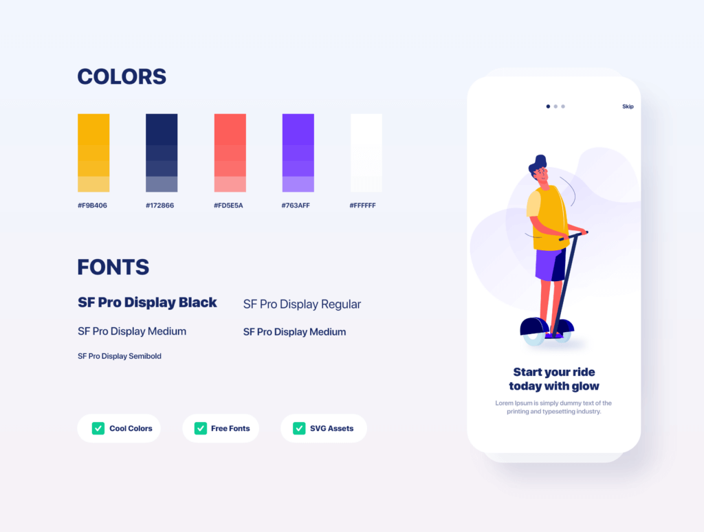 滑板车租赁主题概念UI界面设计套件素材模板素材Glow App Ui Kit插图1