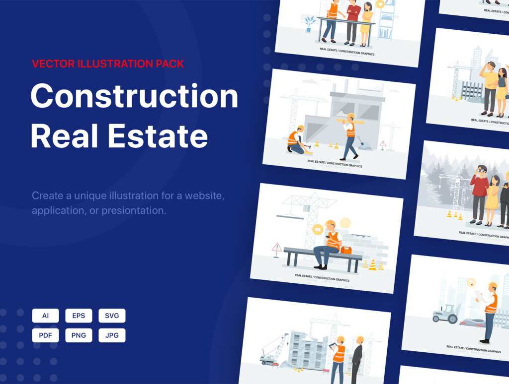 建筑工地施工场景插画素材模板下载Pisces – Real Estate & Construction Vector Scenes插图1