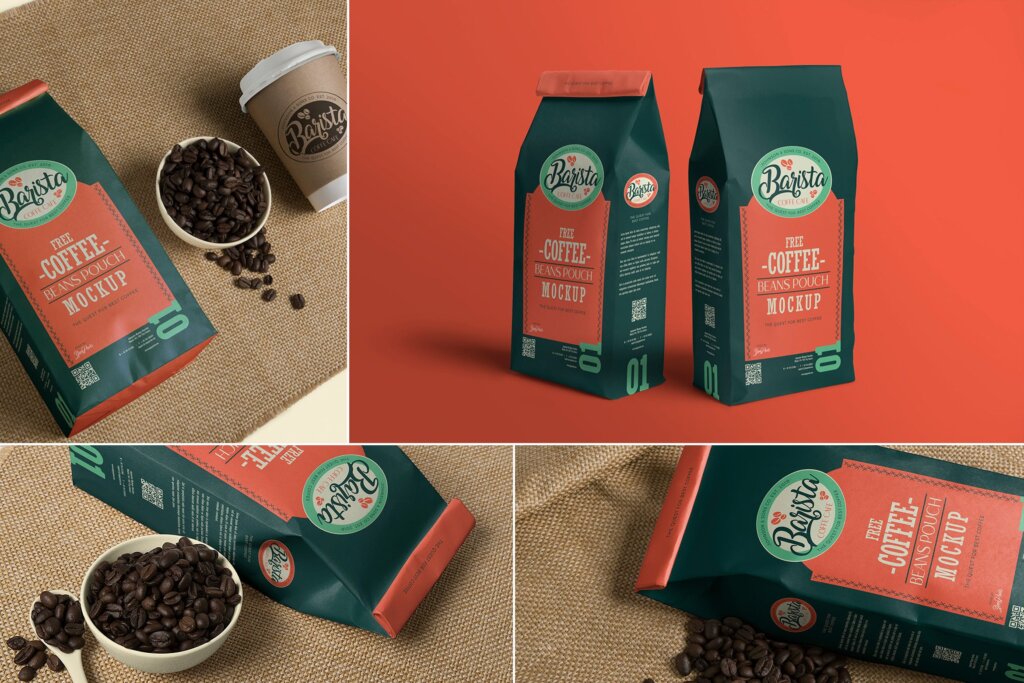 商务高端真空包装咖啡豆包装模型样机素材下载4 Coffee Pouch Mockups