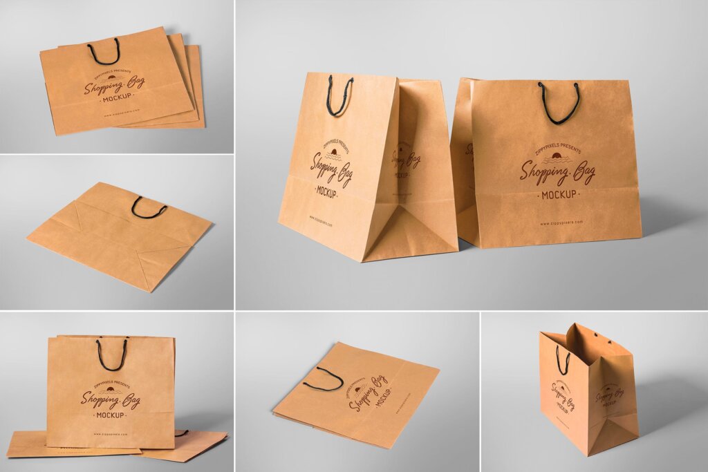 牛皮纸商务购物手提袋/皮质产品购物袋样机素材模板6 Appealing Shopping Bag Mockups