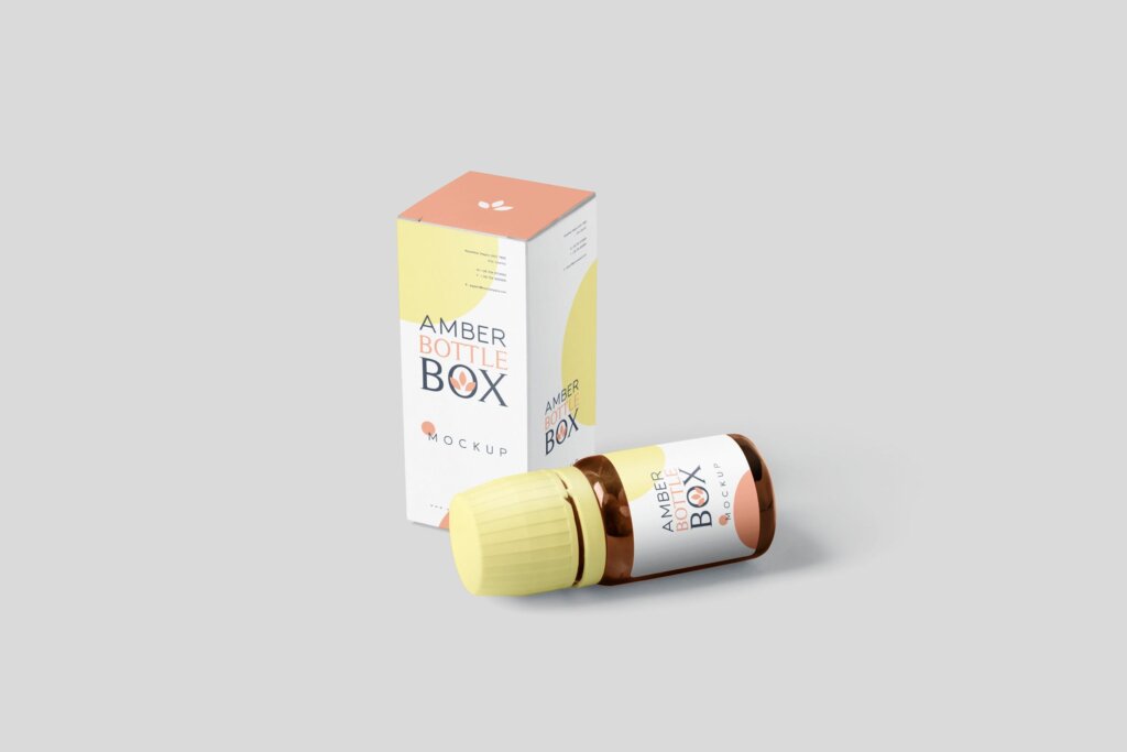 琥珀瓶盒模型集样机素材模板下载Amber Bottle Box Mockup Set