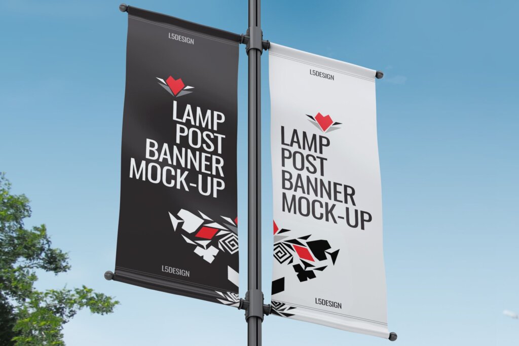 户外灯柱广告/双面旗帜样机素材模板下载Lamp Post Banner Mock-Up