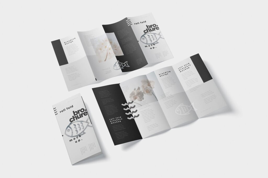 折叠式小册子模型样机素材下载Roll Fold Brochure Mockup DL DIN Lang Size