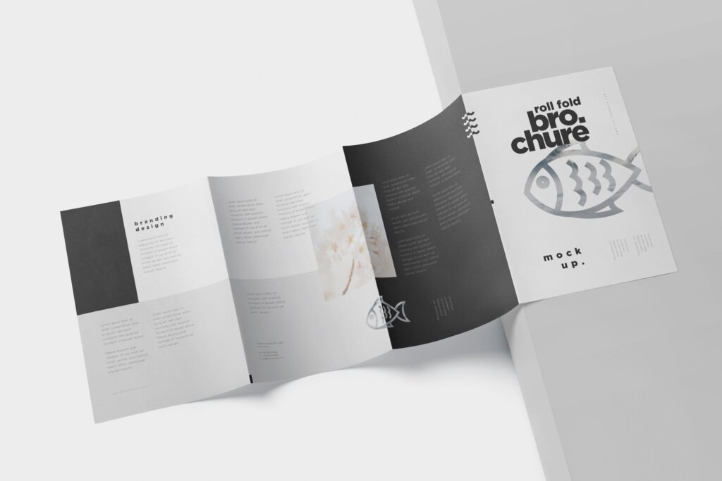 经典折叠式企业折页小册子样机素材下载Roll Fold Brochure Mockup Set – Din A4 A5 A6