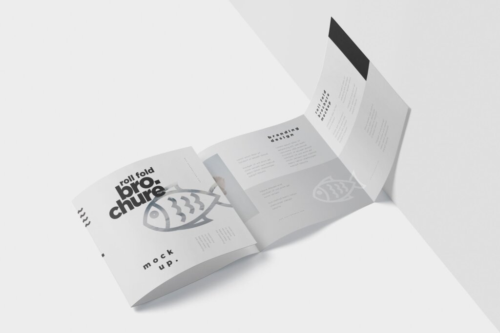 海鲜料理两折页卷折小册子模型样机素材下载Roll-Fold Brochure Mockup Set – Square Format