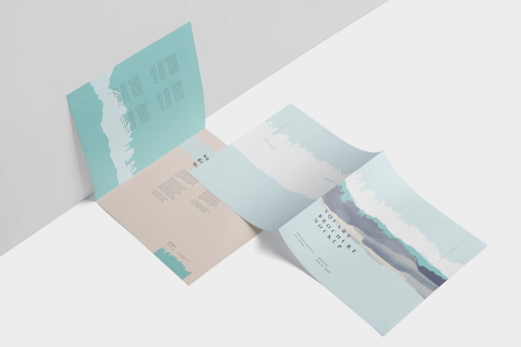 企业画册杂志方形双折小册子模型样素材Square Bi-Fold Brochure Mock-Up Set