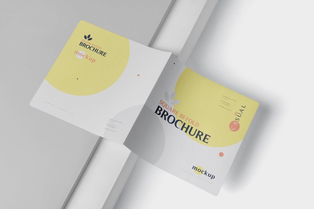 方形企业两折页/杂志画册素材模板素材下载Square Bi-Fold Brochure Mock-Up Set – Round Corner