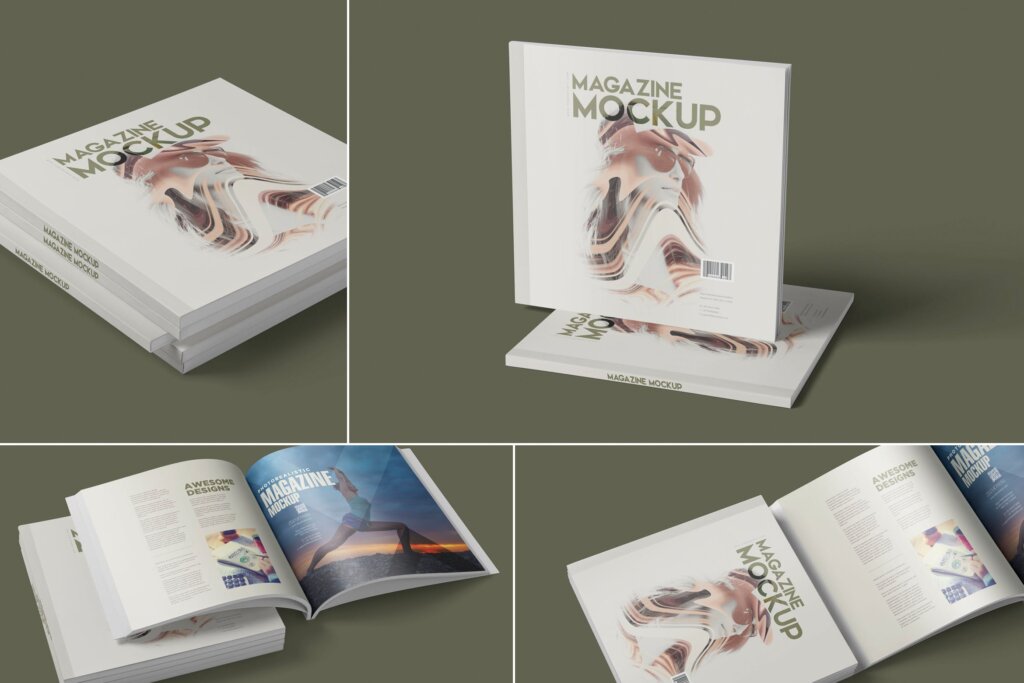 文艺杂志小册子模板素材样机下载Square Magazine Mockup Set