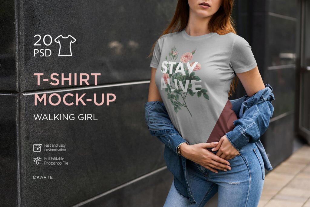 大气简约女士T恤服装样机素材下载T-Shirt Mock-Up Walking Girl