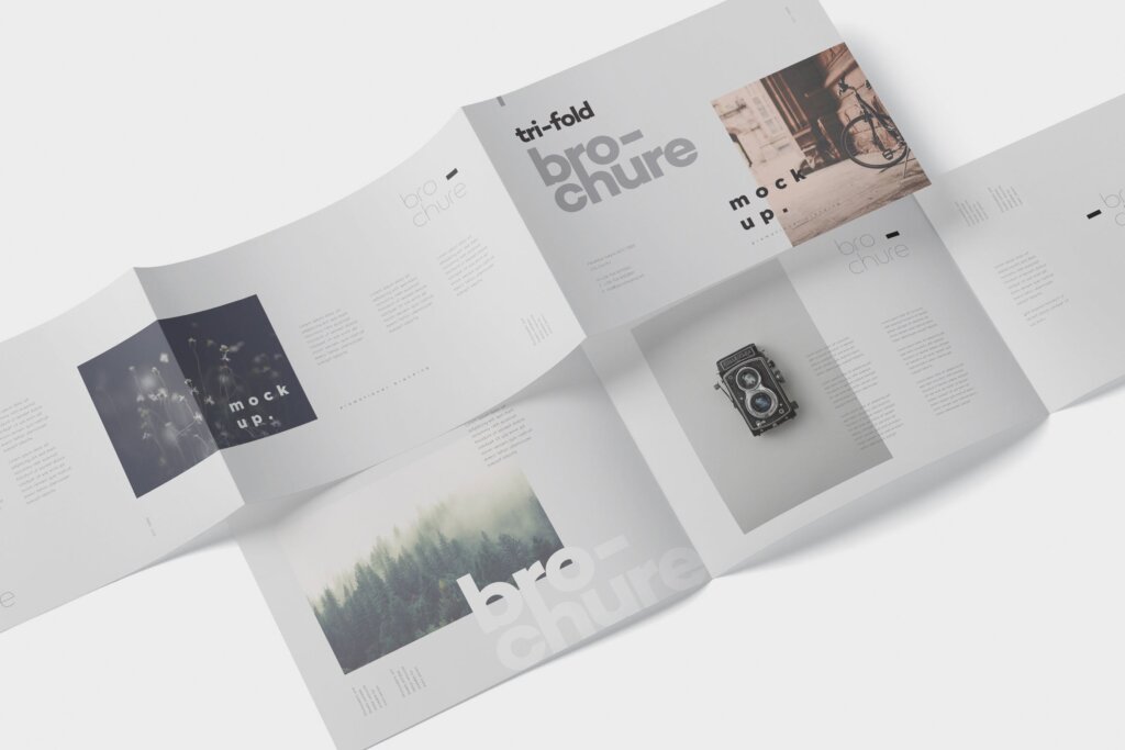 文艺多种透视角度三折页小册子模型样机素材下载Tri Fold Brochure Mockup in Din A4 A5 A6 Landscape