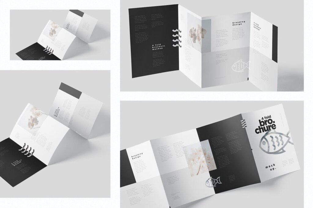 菜单海鲜介绍四折小册子模型样机素材4-Fold Brochure Mockup Set – Din A4 A5 A6插图1