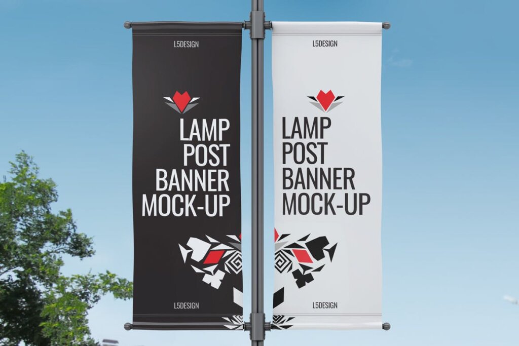 户外灯柱广告/双面旗帜样机素材模板下载Lamp Post Banner Mock-Up插图1