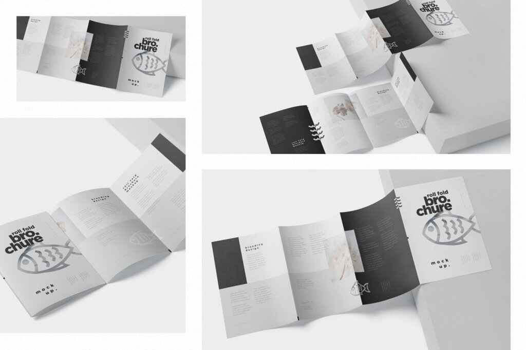 经典折叠式企业折页小册子样机素材下载Roll Fold Brochure Mockup Set – Din A4 A5 A6插图1