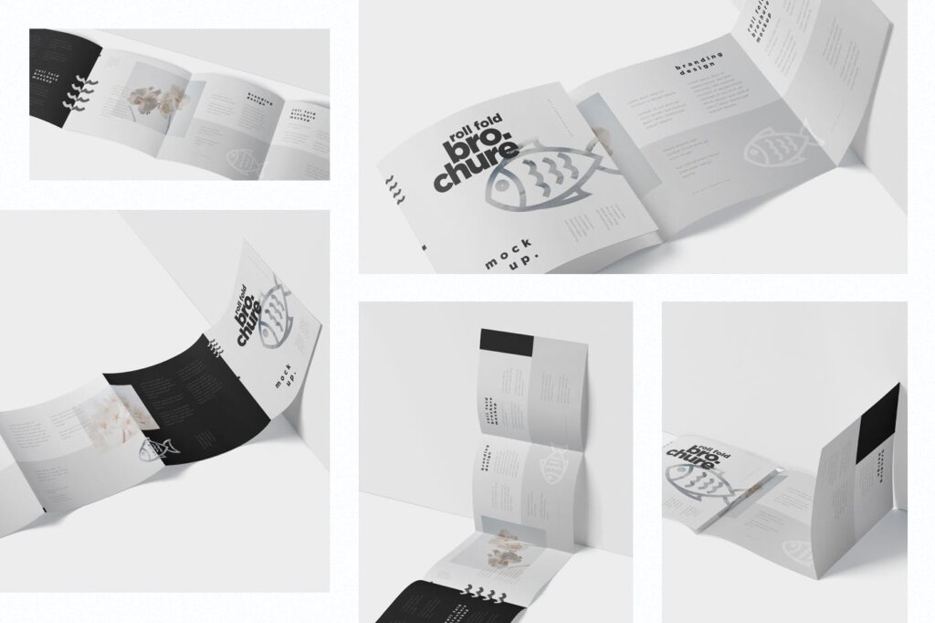 海鲜料理两折页卷折小册子模型样机素材下载Roll-Fold Brochure Mockup Set – Square Format插图1